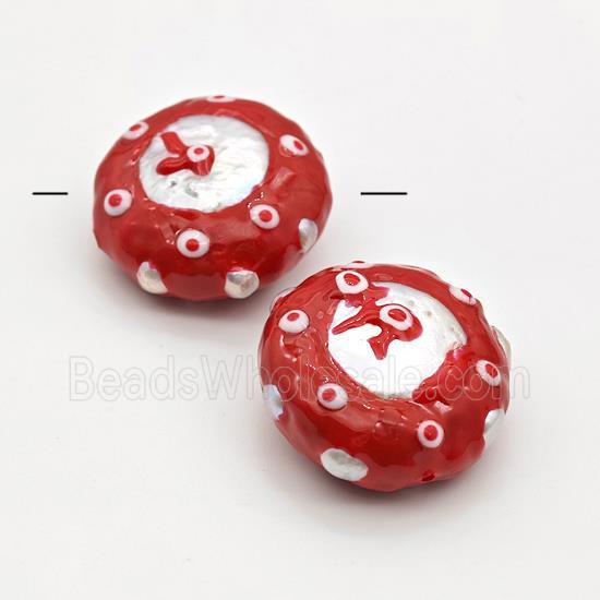 Baroque Style Pearl Coin Beads Red Enamel Evil Eye