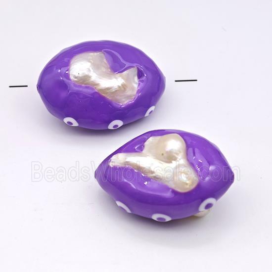 Baroque Style Pearl Oval Beads Purple Enamel Evil Eye