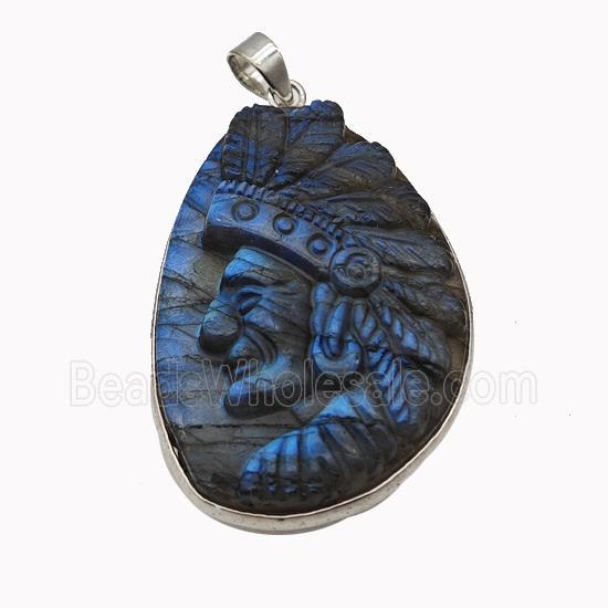 Natural Labradorite Pendant Tribal Leader Carved
