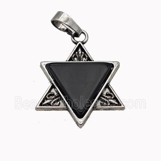 Alloy David Star Pendant Pave Black Obsidian Antique Silver