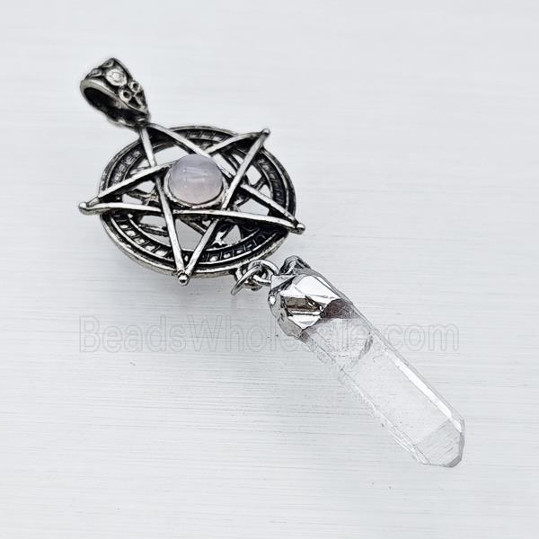 Alloy Star Pendant Pave Clear Quartz With Crystal Quartz Stick Antique Silver