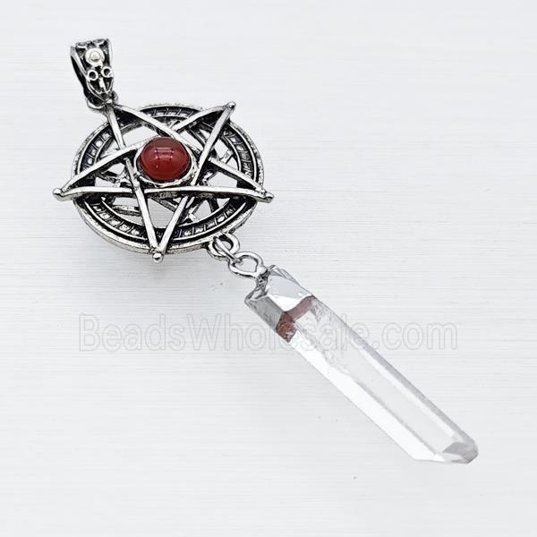 Alloy Star Pendant Pave Red Agate With Crystal Quartz Stick Antique Silver