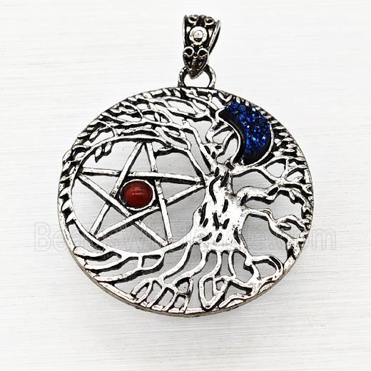 Alloy Tree Of Life Pendant Pave Blue Druzy Moon Red Agate Star Antique Silver