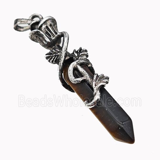 Natural Tiger Eye Stone Prism Pendant Alloy Bine Antique Silver