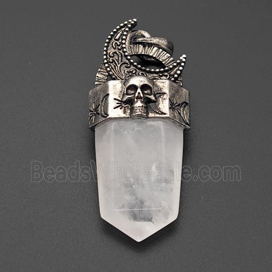 Natural Clear Quartz Prism Pendant Alloy Moon Skull Antique Silver