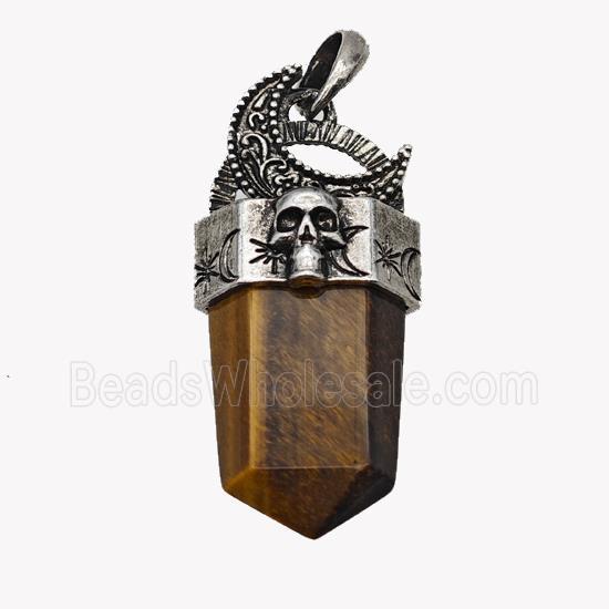 Natural Tiger Eye Stone Prism Pendant Alloy Moon Skull Antique Silver