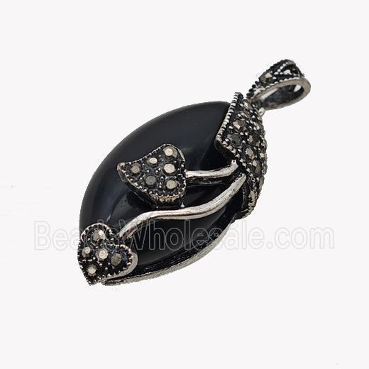 Natural Black Obsidian Leaf Pendant Alloy Pave Rhinestone Antique Silver