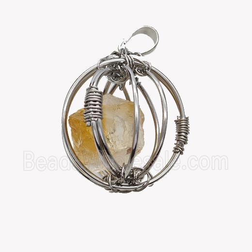 Copper Sphere Pendant With Citrine Nugget Wire Wrapped Platinum Plated