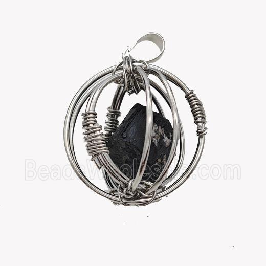 Copper Sphere Pendant With Black Obsidian Nugget Wire Wrapped Platinum Plated