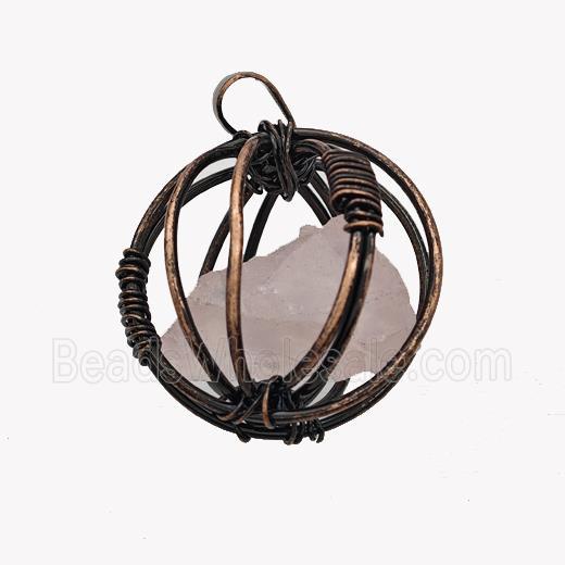 Copper Sphere Pendant With Rose Quartz Nugget Wire Wrapped Antique Red