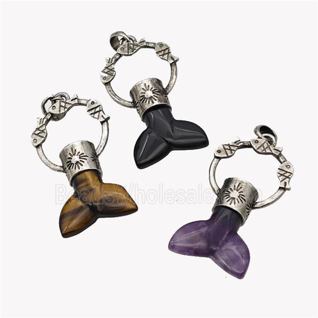 Natural Gemstone Mermaid-tail Pendant Alloy Fish Antique Silver Mixed