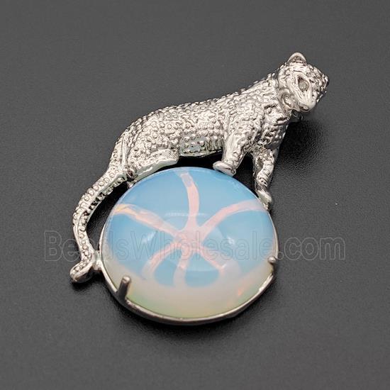 Alloy Leopard Pendant Pave Opalite Platinum Plated