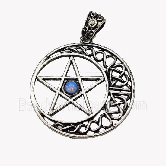 Alloy Moon Star Pendant Pave Opalite Antique Silver