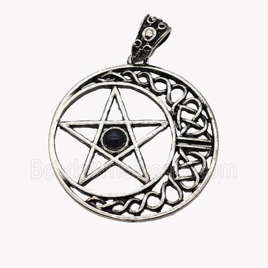 Alloy Moon Star Pendant Pave Black Obsidian Antique Silver