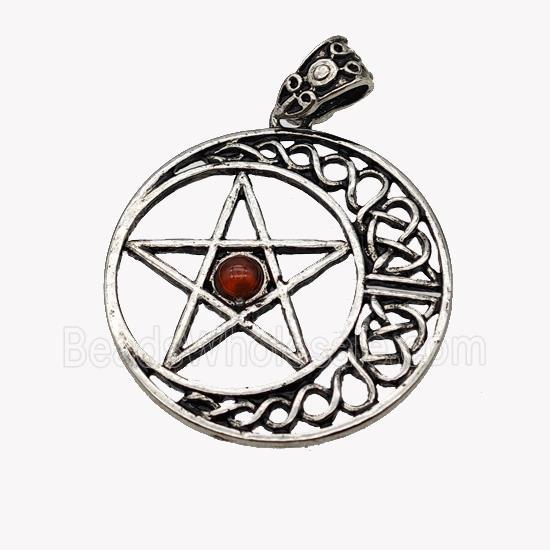 Alloy Moon Star Pendant Pave Red Agate Antique Silver