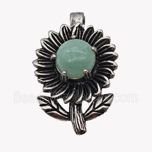 Alloy Sunflower Pendant Pave Green Aventurine Antique Silver