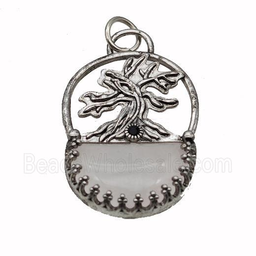 Alloy Tree Pendant Pave Rose Quartz Moon Antique Silver