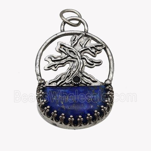 Alloy Tree Pendant Pave Blue Lapis Moon Antique Silver