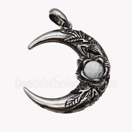Alloy Moon Pendant Pave White Howlite Antique Silver