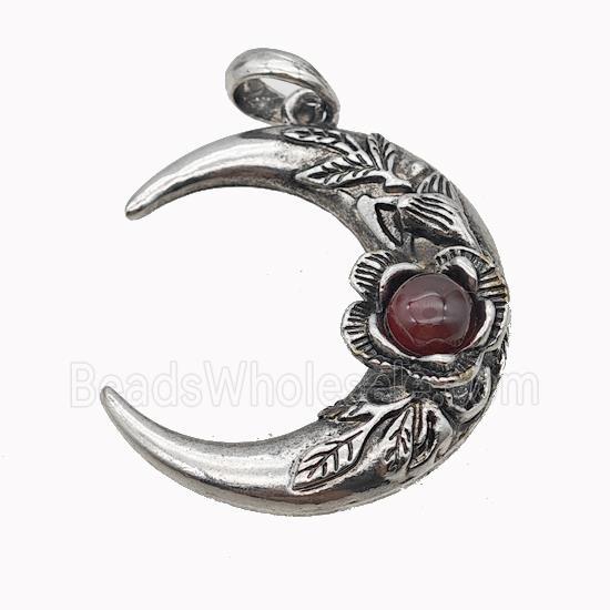Alloy Moon Pendant Pave Red Agate Antique Silver