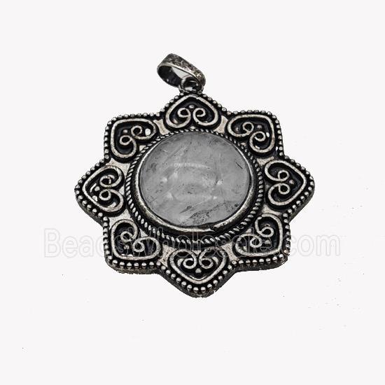 Alloy Flower Pendant Pave Clear Quartz Antique Silver