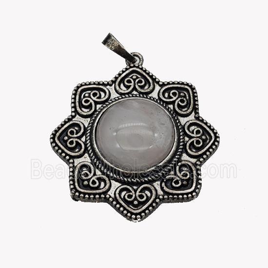 Alloy Flower Pendant Pave Rose Quartz Antique Silver
