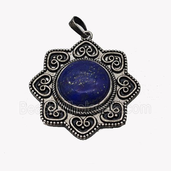 Alloy Flower Pendant Pave Blue Lapis Antique Silver