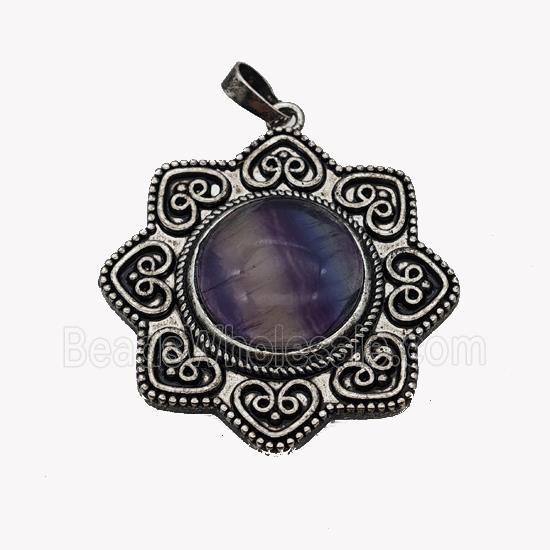 Alloy Flower Pendant Pave Fluorite Antique Silver