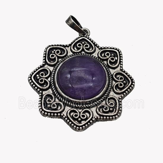 Alloy Flower Pendant Pave Purple Amethyst Antique Silver