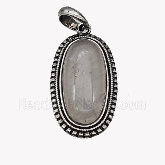 Alloy Oval Pendant Pave Rose Quartz Antique Silver