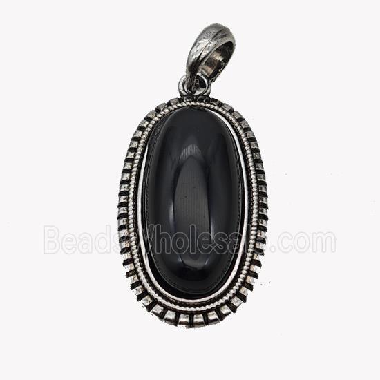 Alloy Oval Pendant Pave Black Obsidian Antique Silver
