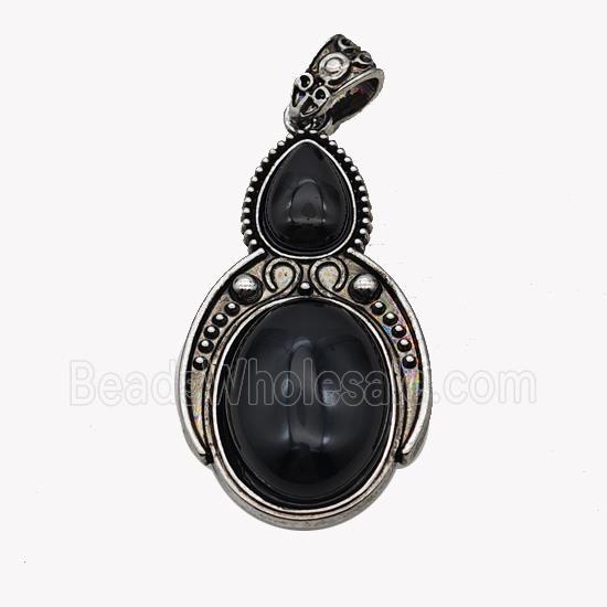 Alloy Penguin Pendant Pave Black Obsidian Antique Silver