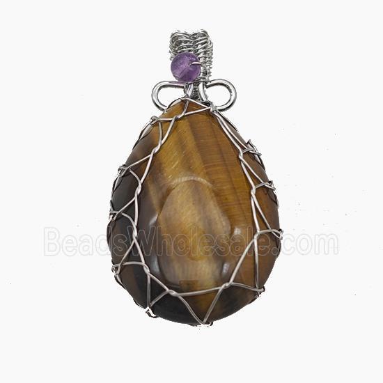 Natural Tiger Eye Stone Teardrop Pendant Copper Wire Wrapped Platinum Plated