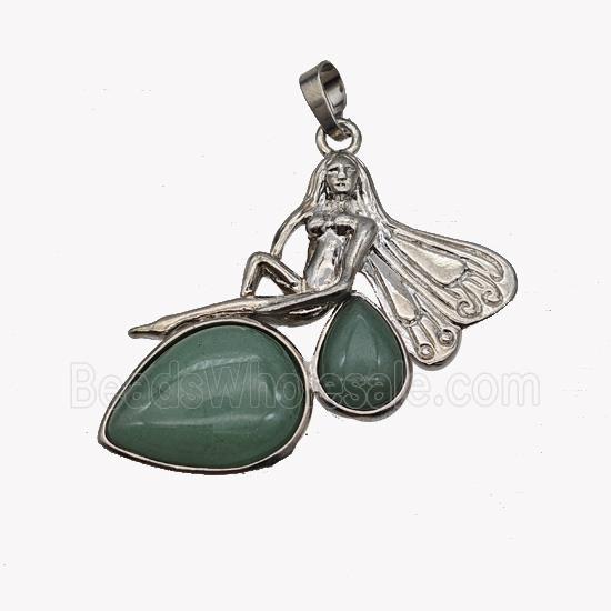 Alloy Fairy Pendant Pave Green Aventurine Platinum Plated