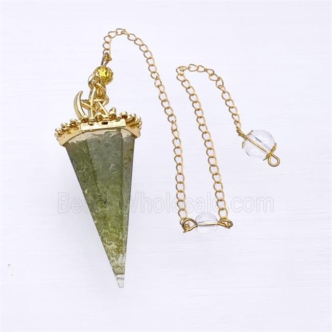 Green Peridot Chips Resin Pendulum Pendant With Chain Gold Plated