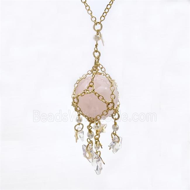 Pink Rose Quartz Sphere Necklace Copper Chain Wrapped Gold Plated