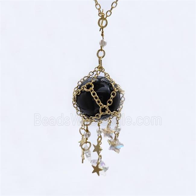Black Obsidian Sphere Necklace Copper Chain Wrapped Gold Plated