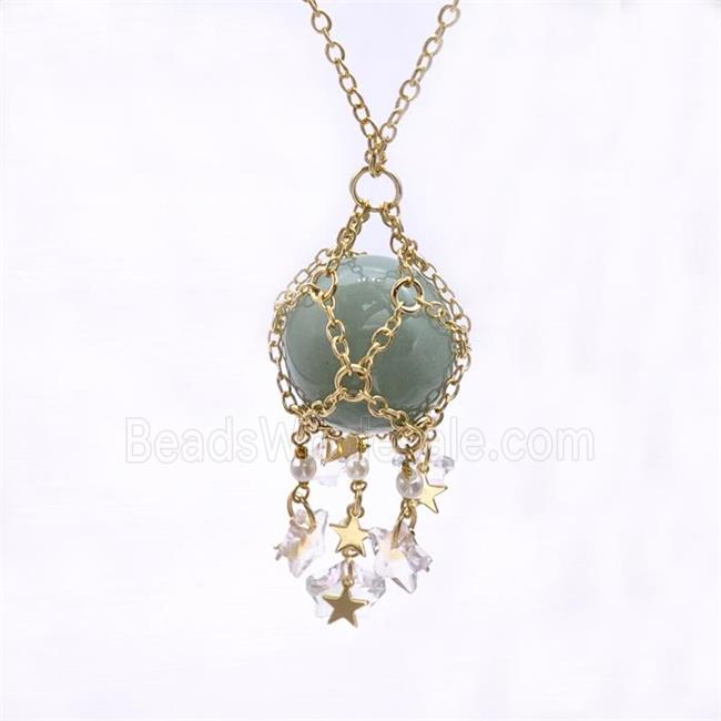 Green Aventurine Sphere Necklace Copper Chain Wrapped Gold Plated