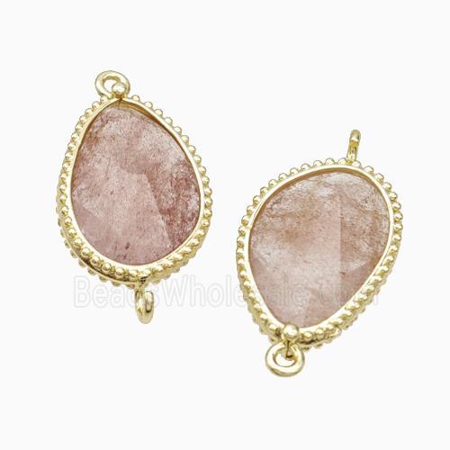 Pink Strawberry Quartz Teardrop Connector Gold Plated