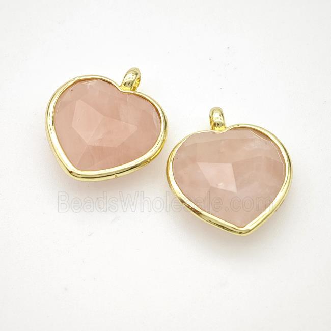Natural Pink Rose Quartz Heart Pendant Faceted Gold Plated