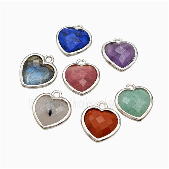 Natural Gemstone Heart Pendant Faceted Platinum Plated Mixed