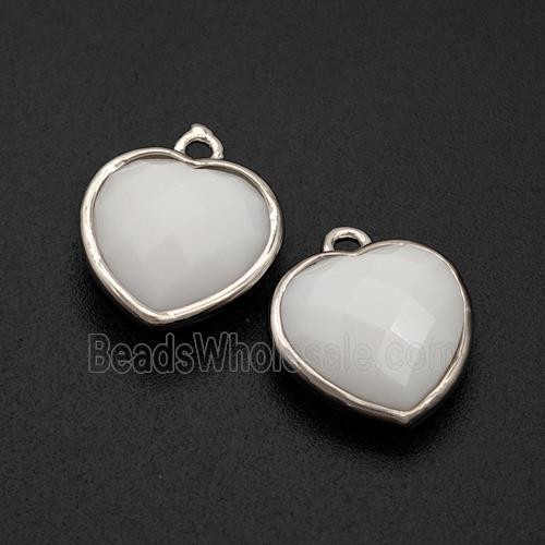 White Porcelain Heart Pendant Faceted Platinum Plated