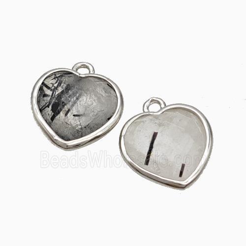 Natural Black Rutilated Quartz Heart Pendant Faceted Platinum Plated