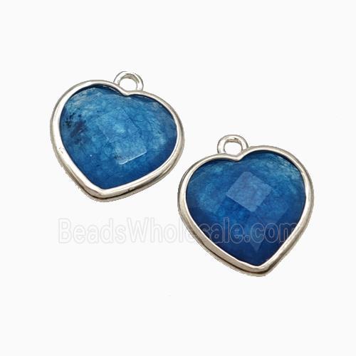 Blue Dye Jade Heart Pendant Faceted Platinum Plated