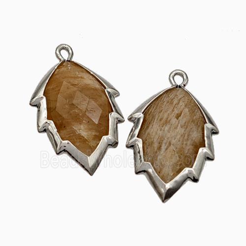 Natural Peach Sunstone Leaf Pendant Platinum Plated