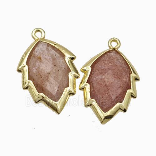 Natural Pink Strawberry Quartz Leaf Pendant Gold Plated
