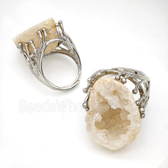 Copper Ring Pave Agate Druzy Geode Adjustable Platinum Plated