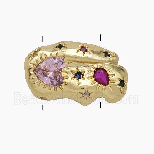 Copper Beads Pave Zirconia Multicolor Heart 2holes Gold Plated