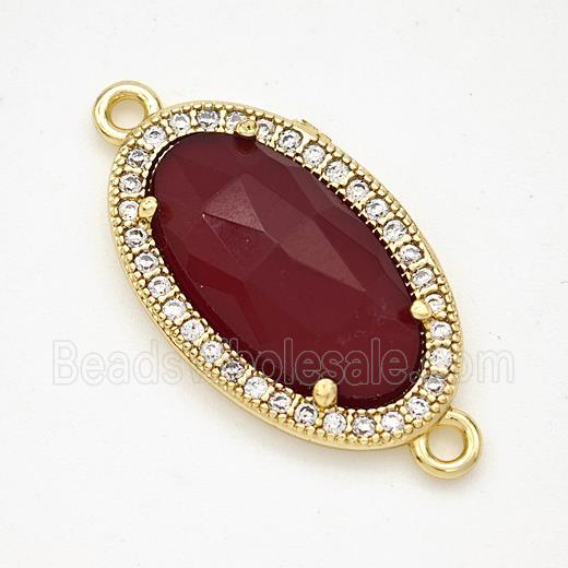 Red Dye Jade Oval Connector Copper Pave Zirconia Gold Plated
