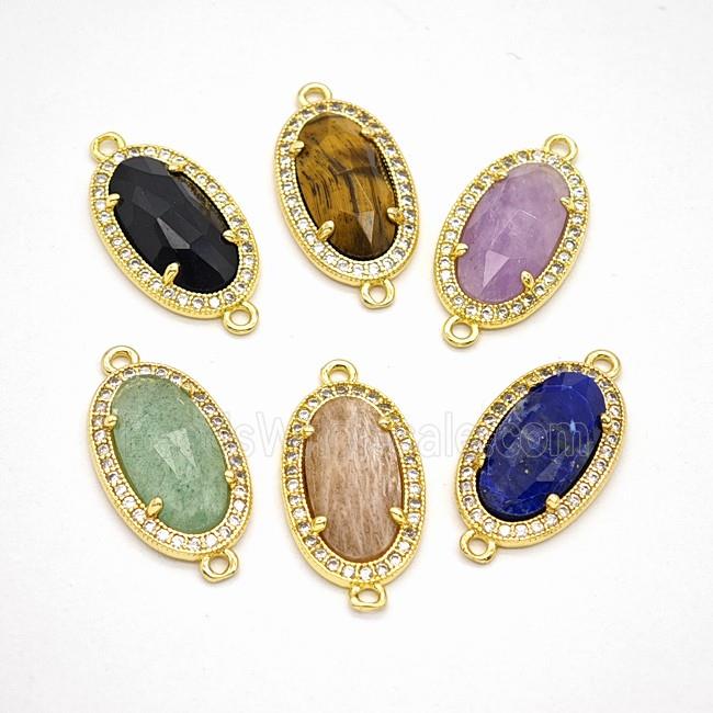 Gemstone Oval Connector Copper Pave Zirconia Gold Plated Mixed